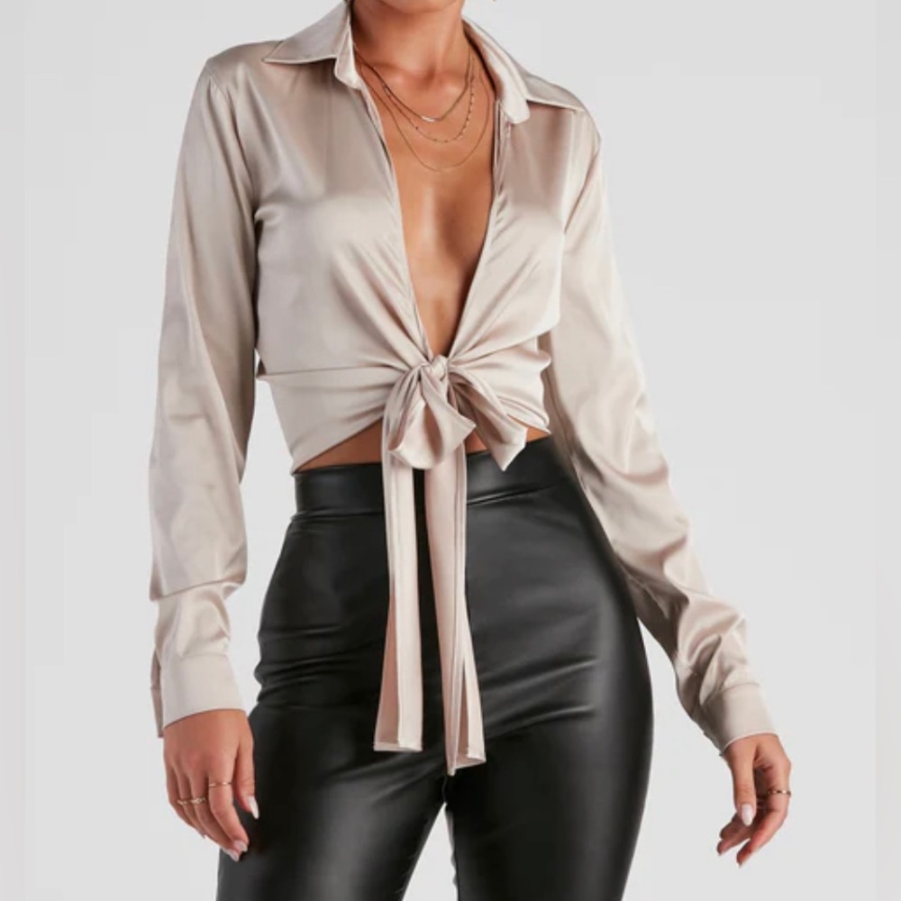 Windsor Taupe So Sleek Satin Tie - Front Blouse
